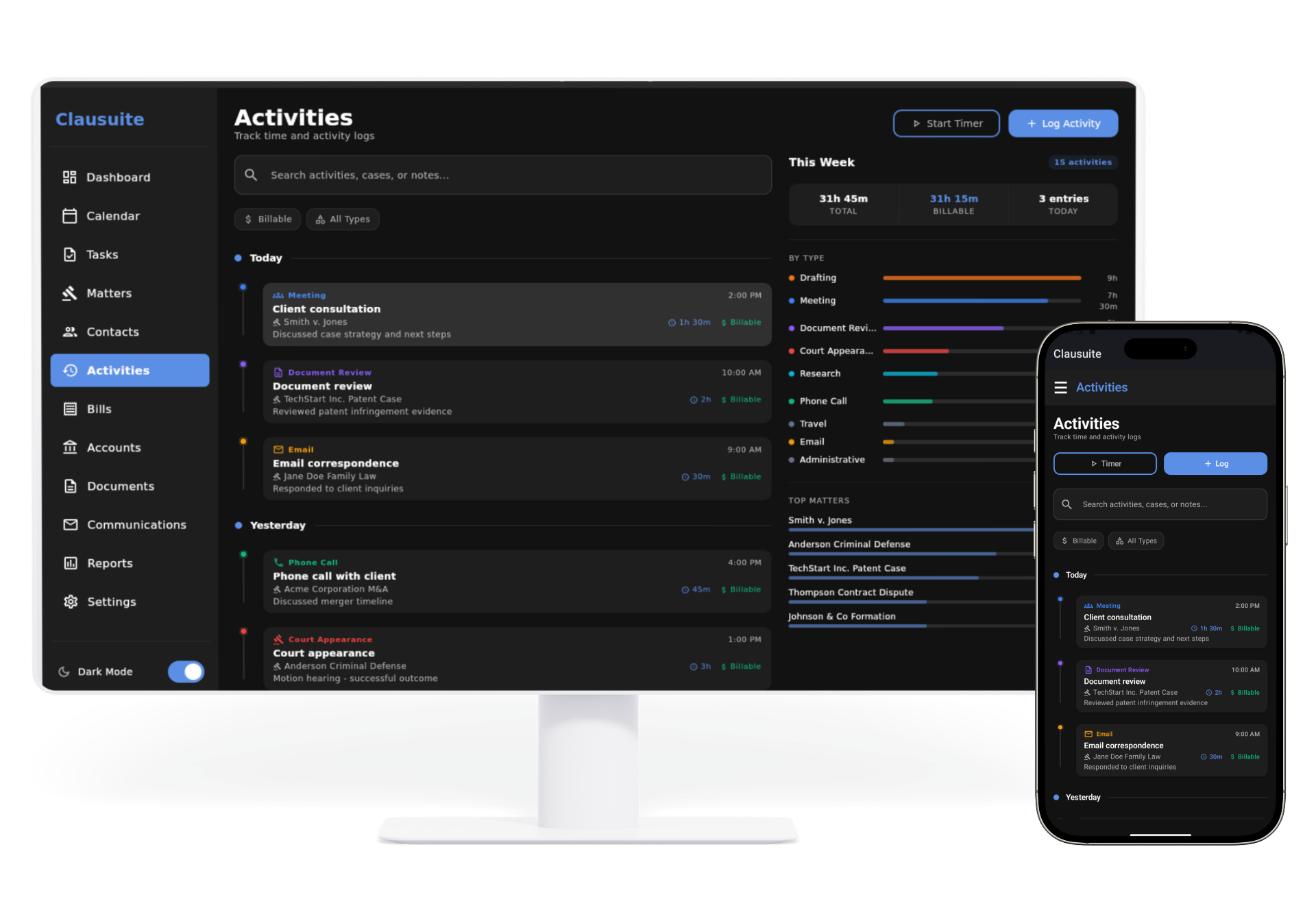 Clausuite Activities view across desktop and mobile in dark mode