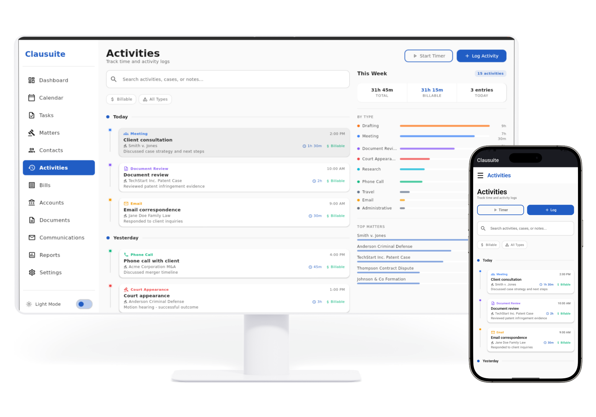 Clausuite Activities view across desktop and mobile in light mode
