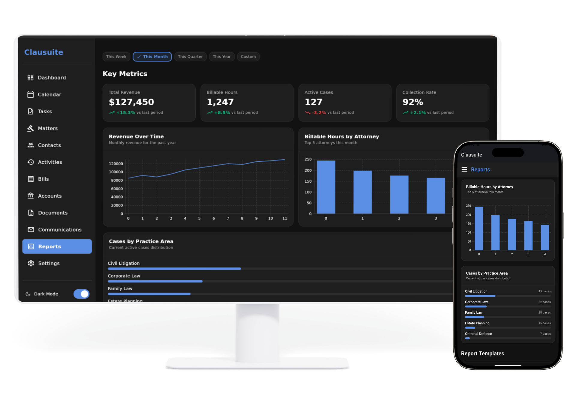 Clausuite Reports view across desktop and mobile in dark mode