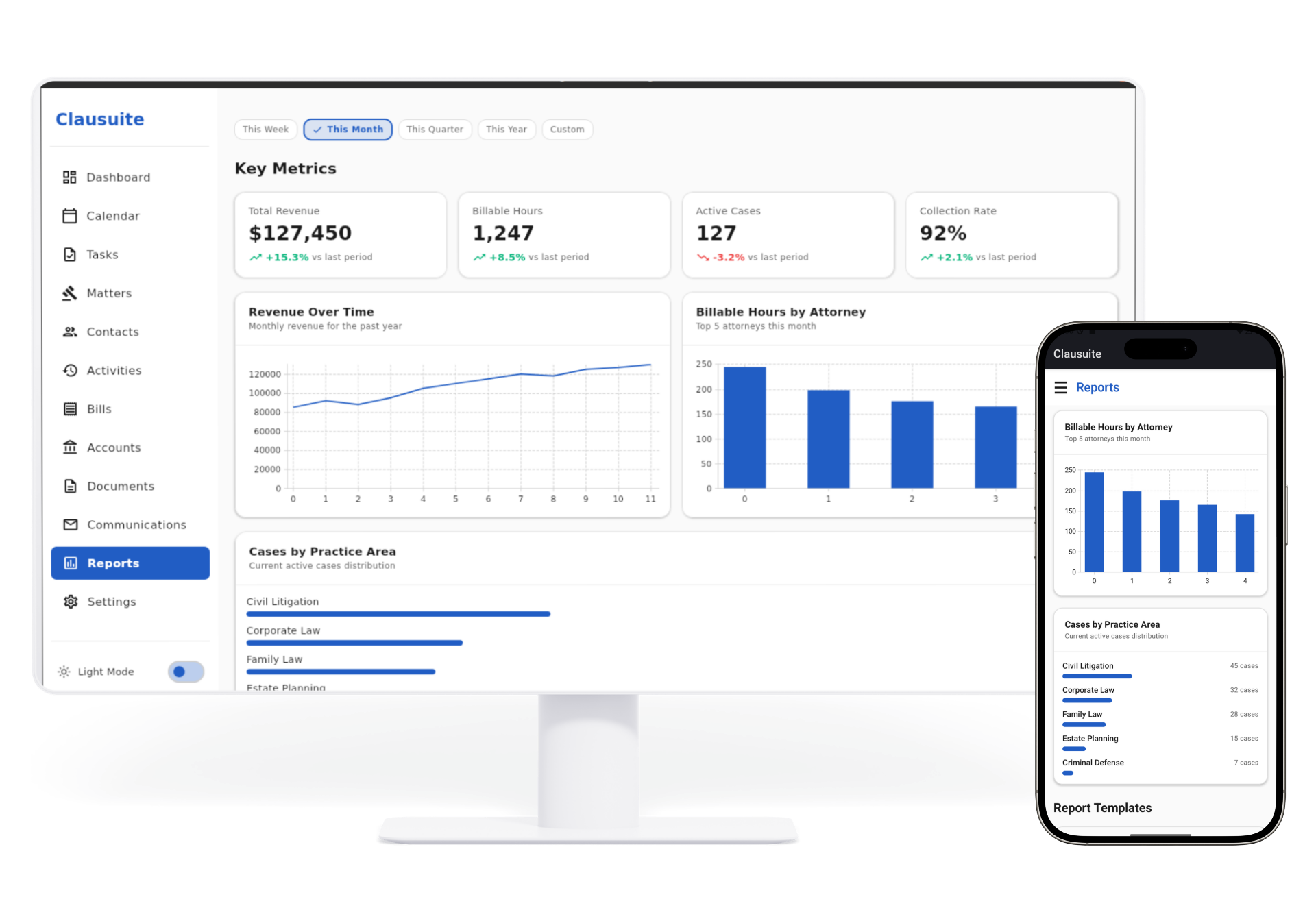 Clausuite Reports view across desktop and mobile in light mode